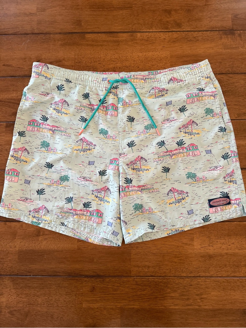 Vineyard Vines Men’s Chappy Swim Trunks Pastel Mint Green Beach Resort Scene